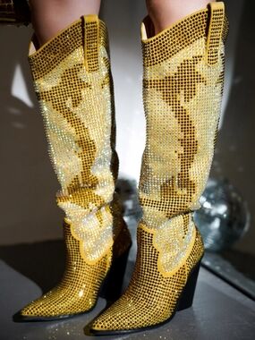 Malinde Rhinestone Embelished Western Inpired Knee High Boots